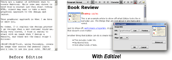 Editize replaces standard <textarea> tags with an advanced, cross-platform HTML Editor!